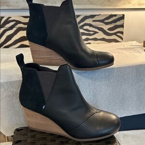 Toms Black Leather and Suede Wedge Ankle Booties
